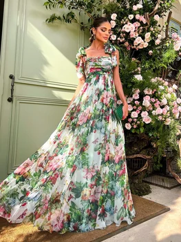 LD LINDA DELLA 2022 Tasarımcı Yaz Maxi Elbise Kadınlar Şifon Yay-düğüm omuz Bohemian Çiçek baskı Tatil Zarif uzun elbise Görüntü