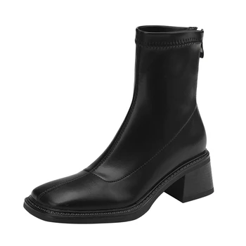 2023 Kadın yarım çizmeler Sonbahar Kış Bayanlar Fermuar Ayakkabı Siyah Kayısı Kare Ayak Tıknaz Topuklu Moda Rahat yarım çizmeler Görüntü