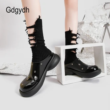 Gdgydh Moda Delik kadın Platformu Tıknaz Topuk Katır Retro Takunya Kapalı Yuvarlak Ayak Sandalet Üzerinde Kayma Geniş Genişlik Japon Tarzı Görüntü