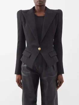 Kadın takım elbise ceket çentikli düz renk ince bel uzun kollu tek düğme cepler Blazer ofis Bayan Görüntü