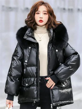 Ücretsiz Yıkama uzun kaban Kadın Siyah Kısa Gevşek Kürk kapüşonlu parka 2023 Bahar Yeni Kore Moda Sonbahar Kış Beyaz Ördek Aşağı Ceket Görüntü