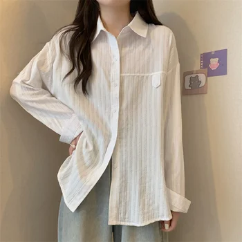 S-4XL Büyük Boy Düz Gevşek Gömlek Kadın Bahar Basit Uzun Kollu Şık Bluzlar Moda Kore Düz Renk Çizgili Üstleri Görüntü