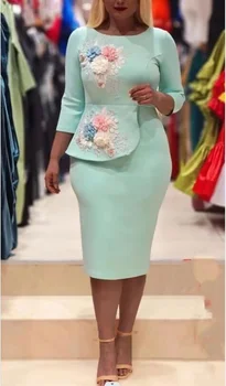 Kadınlar Çiçekli Zarif Parti Elbiseler Moda Yuvarlak Boyun İnce Ofis kadın elbiseleri Uzun Kollu Casual Katı Renk Midi Elbise 2023 Görüntü